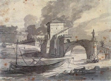 ジャック・ルイ・ダヴィッド Painting - テヴェレ川とサンアンジェロ城の眺め 新古典主義 ジャック・ルイ・ダヴィッド